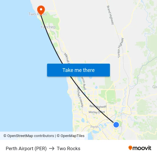 Perth Airport (PER) to Two Rocks map