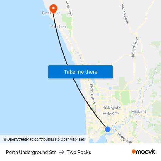 Perth Underground Stn to Two Rocks map