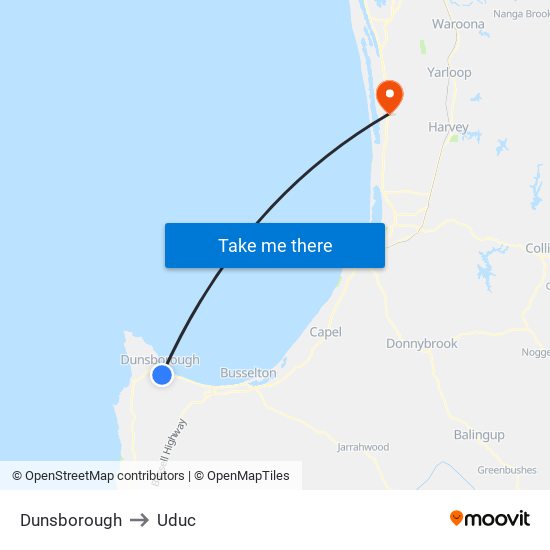 Dunsborough to Uduc map