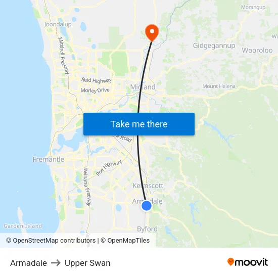Armadale to Upper Swan map
