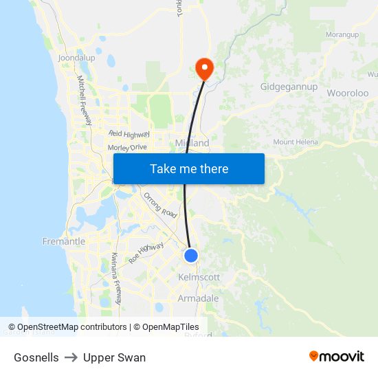 Gosnells to Upper Swan map