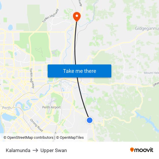 Kalamunda to Upper Swan map