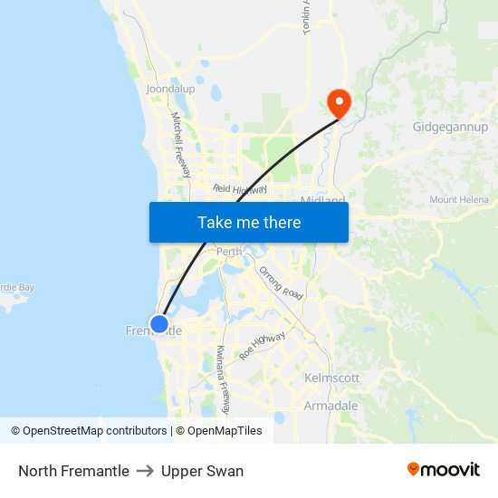 North Fremantle to Upper Swan map