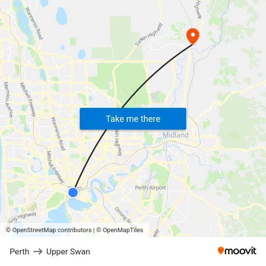 Perth to Upper Swan map