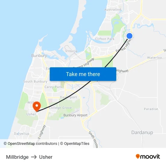 Millbridge to Usher map