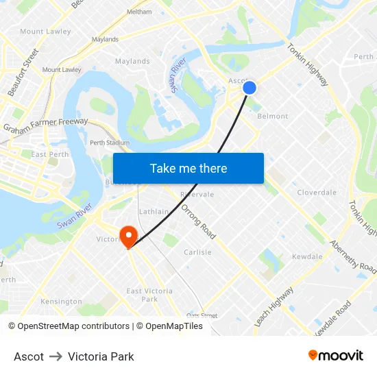 Ascot to Victoria Park map