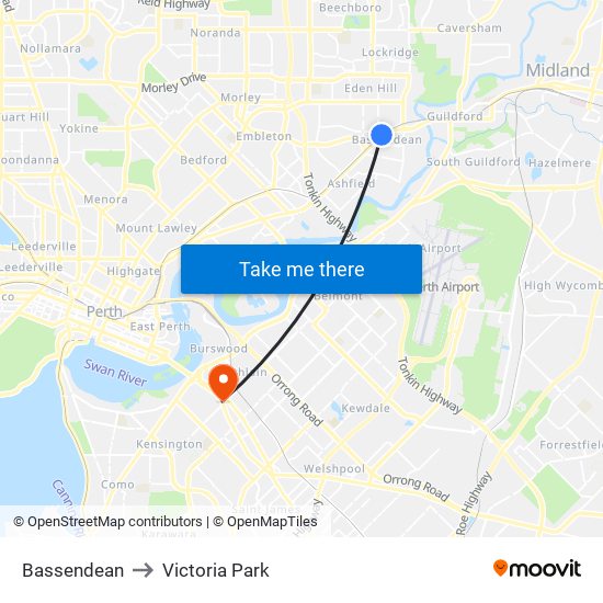 Bassendean to Victoria Park map