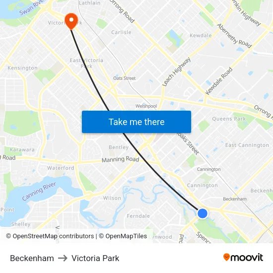 Beckenham to Victoria Park map