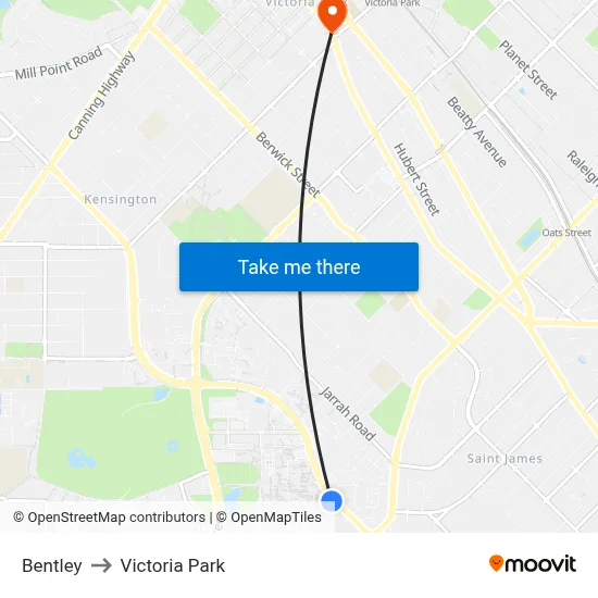 Bentley to Victoria Park map