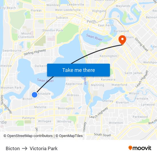 Bicton to Victoria Park map