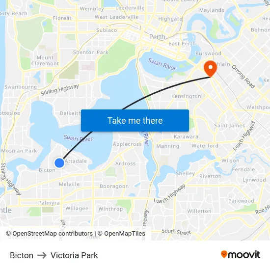 Bicton to Victoria Park map