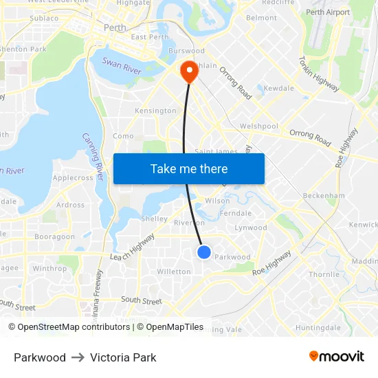 Parkwood to Victoria Park map