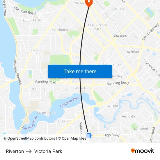 Riverton to Victoria Park map