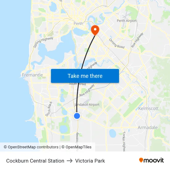 Cockburn Central Station to Victoria Park map
