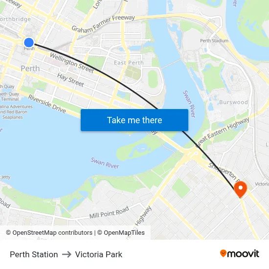 Perth Station to Victoria Park map