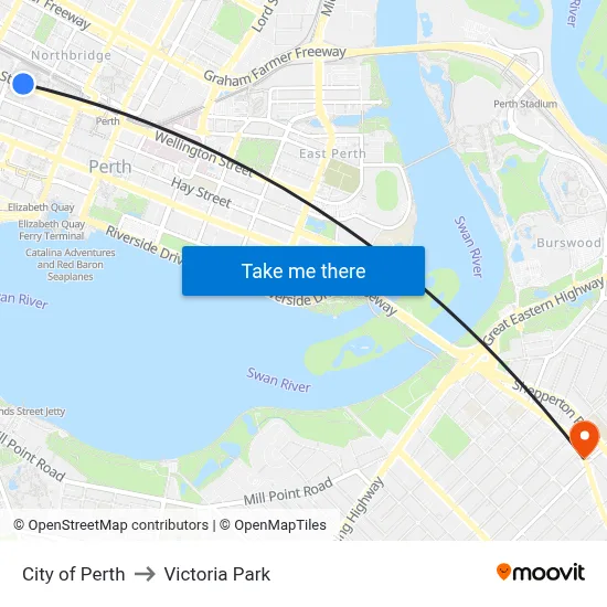 City of Perth to Victoria Park map