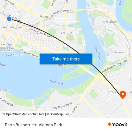 Perth Busport to Victoria Park map