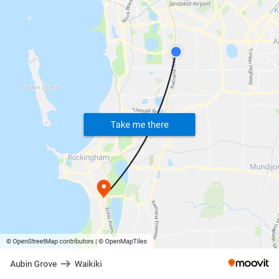 Aubin Grove to Waikiki map