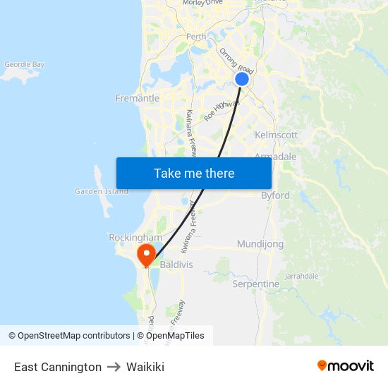 East Cannington to Waikiki map