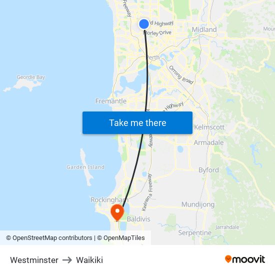 Westminster to Waikiki map