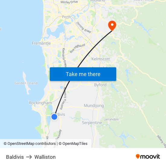 Baldivis to Walliston map