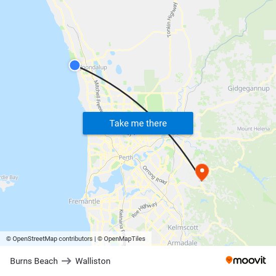 Burns Beach to Walliston map