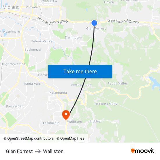 Glen Forrest to Walliston map