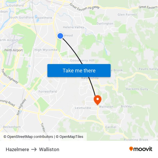 Hazelmere to Walliston map