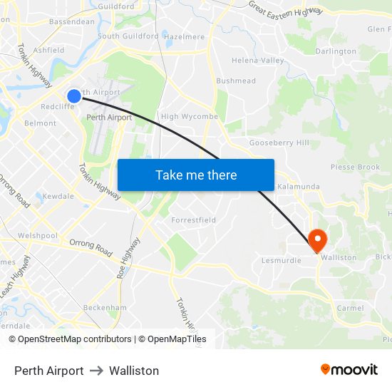 Perth Airport to Walliston map