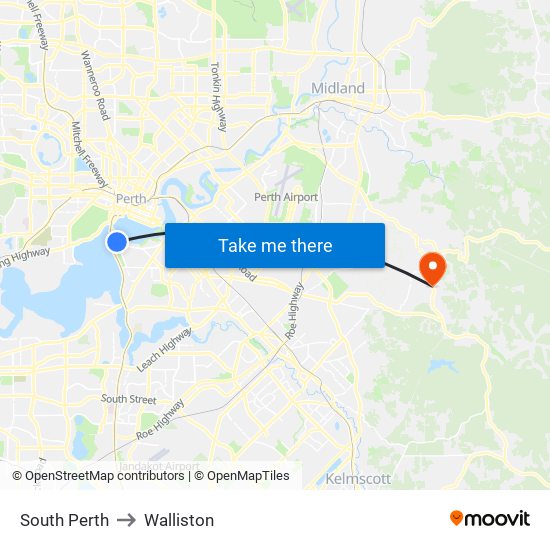 South Perth to Walliston map
