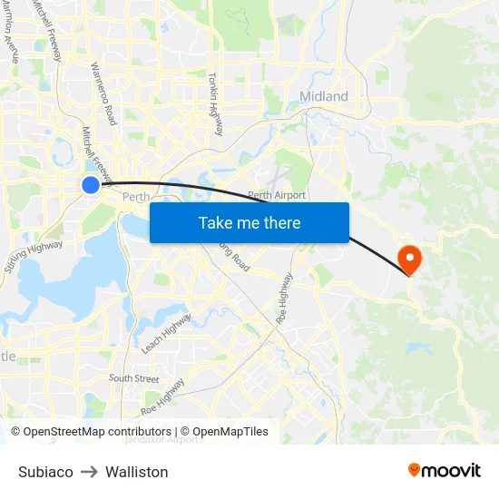 Subiaco to Walliston map