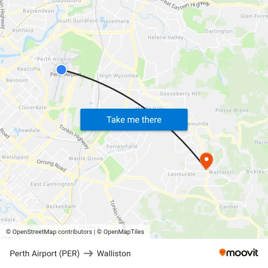 Perth Airport (PER) to Walliston map