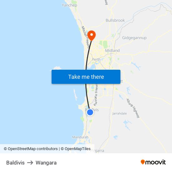 Baldivis to Wangara map