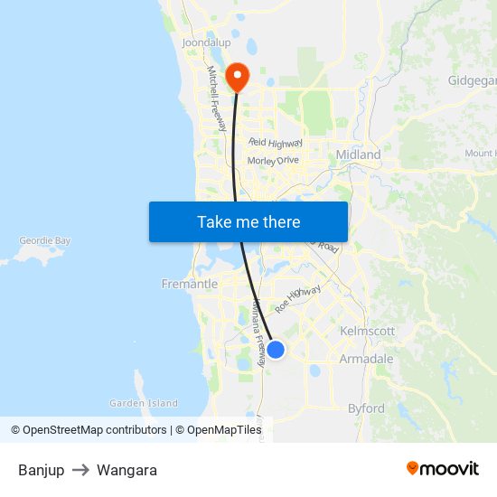 Banjup to Wangara map