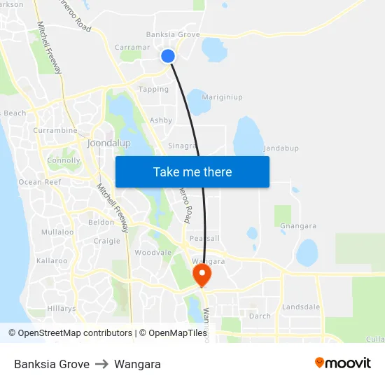 Banksia Grove to Wangara map
