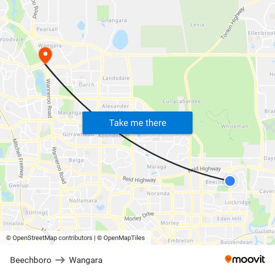 Beechboro to Wangara map