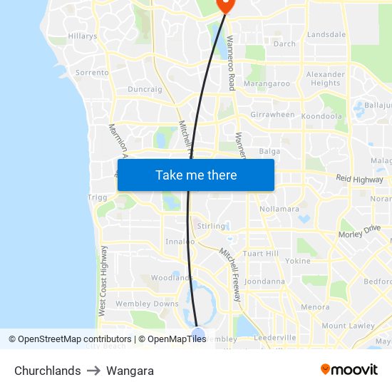 Churchlands to Wangara map