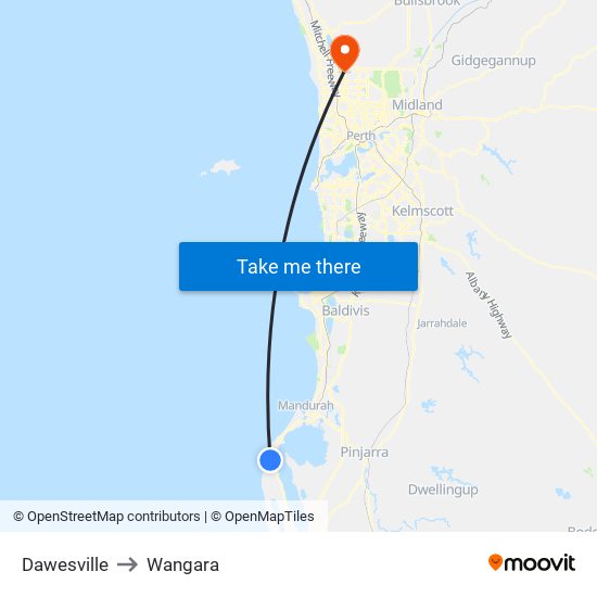 Dawesville to Wangara map