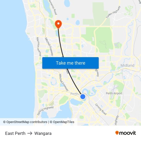 East Perth to Wangara map