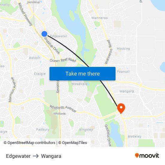 Edgewater to Wangara map