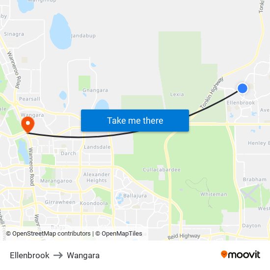 Ellenbrook to Wangara map