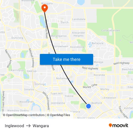 Inglewood to Wangara map