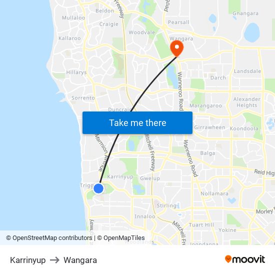 Karrinyup to Wangara map