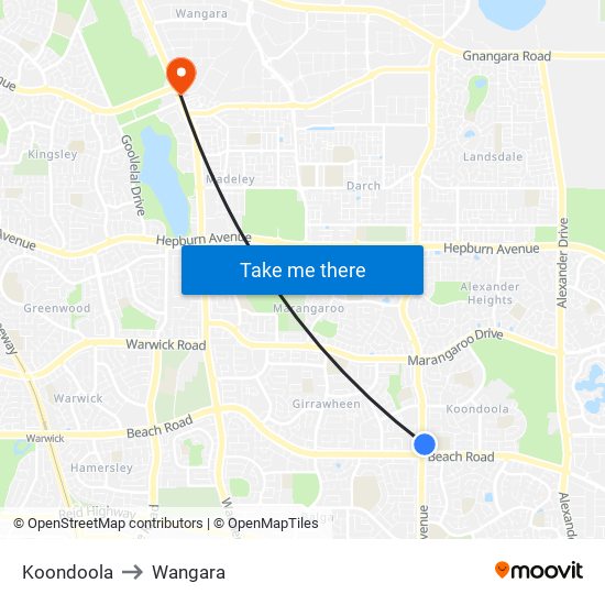 Koondoola to Wangara map