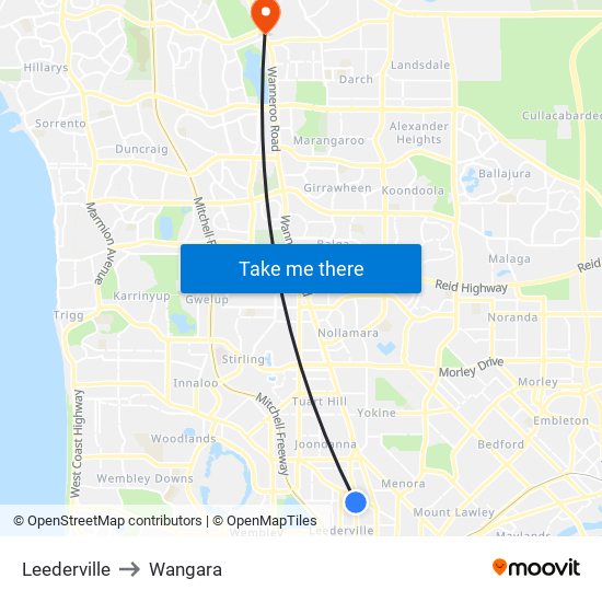 Leederville to Wangara map