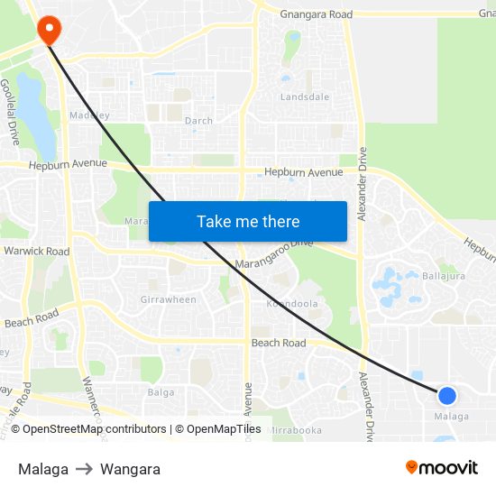 Malaga to Wangara map