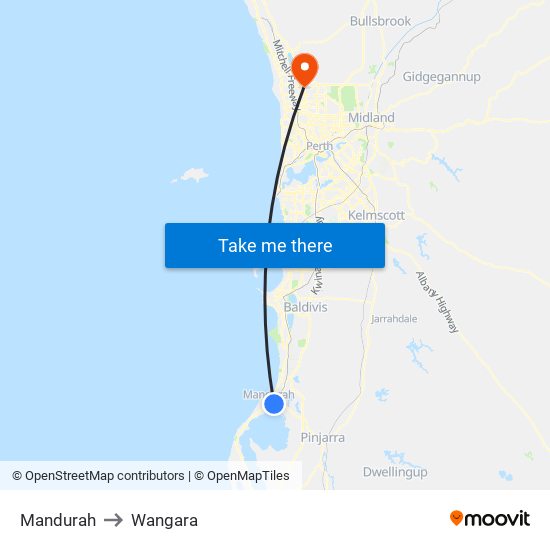 Mandurah to Wangara map