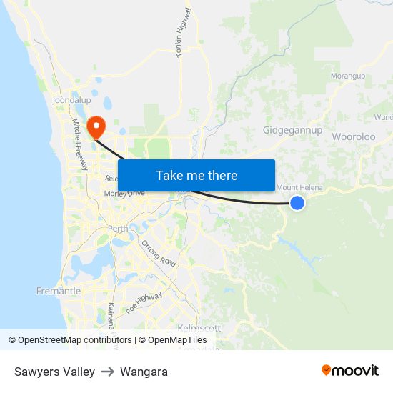 Sawyers Valley to Wangara map