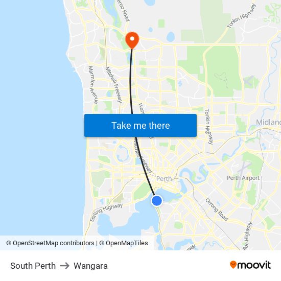 South Perth to Wangara map