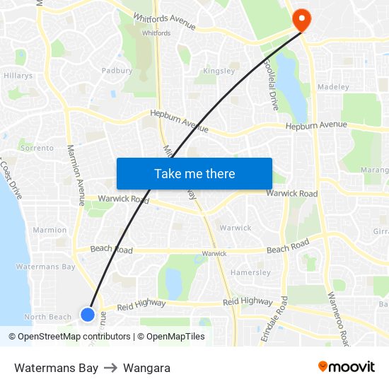 Watermans Bay to Wangara map